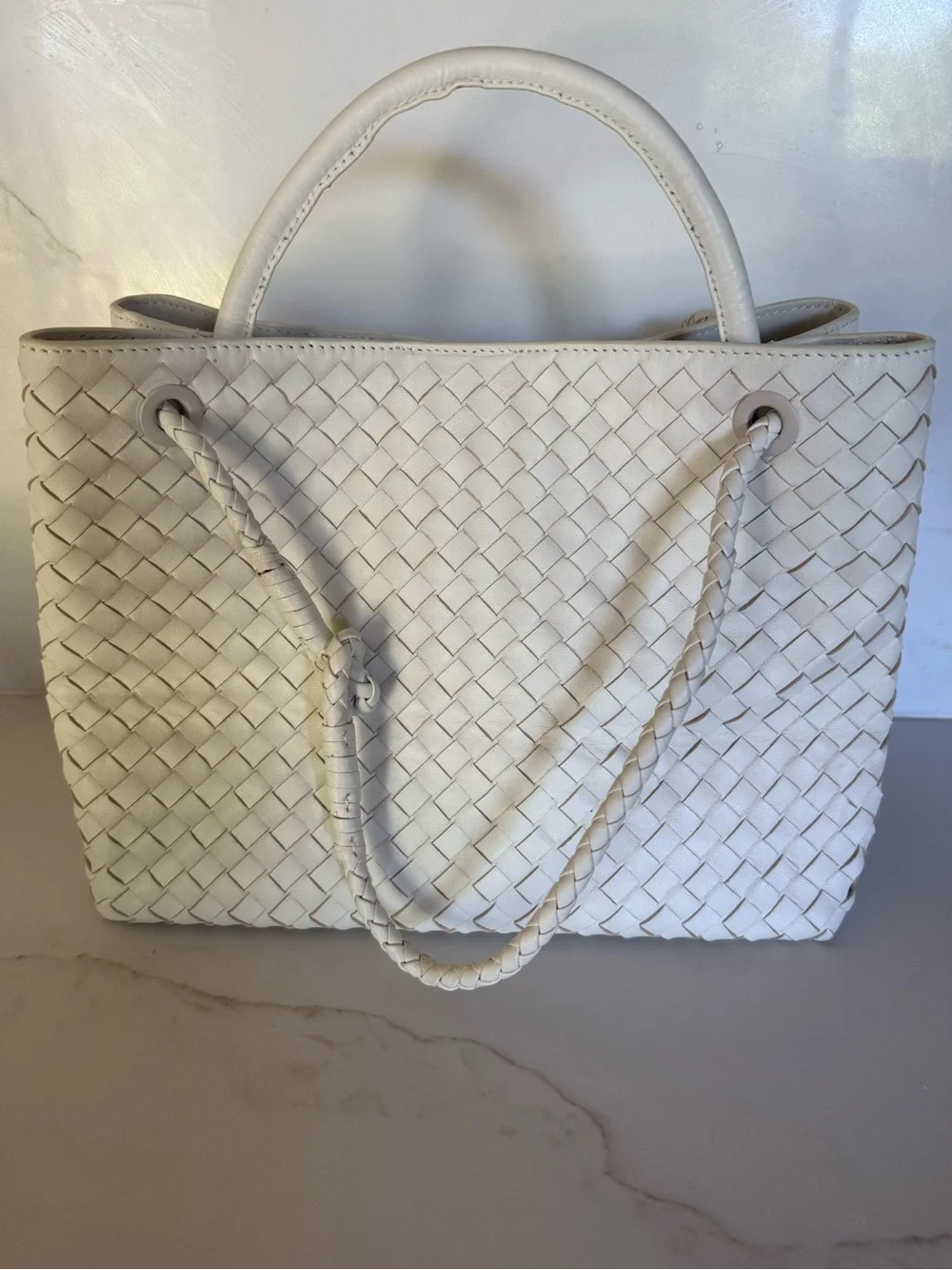 Quince Italian Leather Handwoven Large Satchel Bone - Picture 3 of 7
